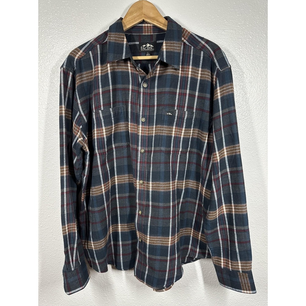 Pacific Outfitters Shirt Mens Large Blue Plaid Flannel Button Down Long Sleeve